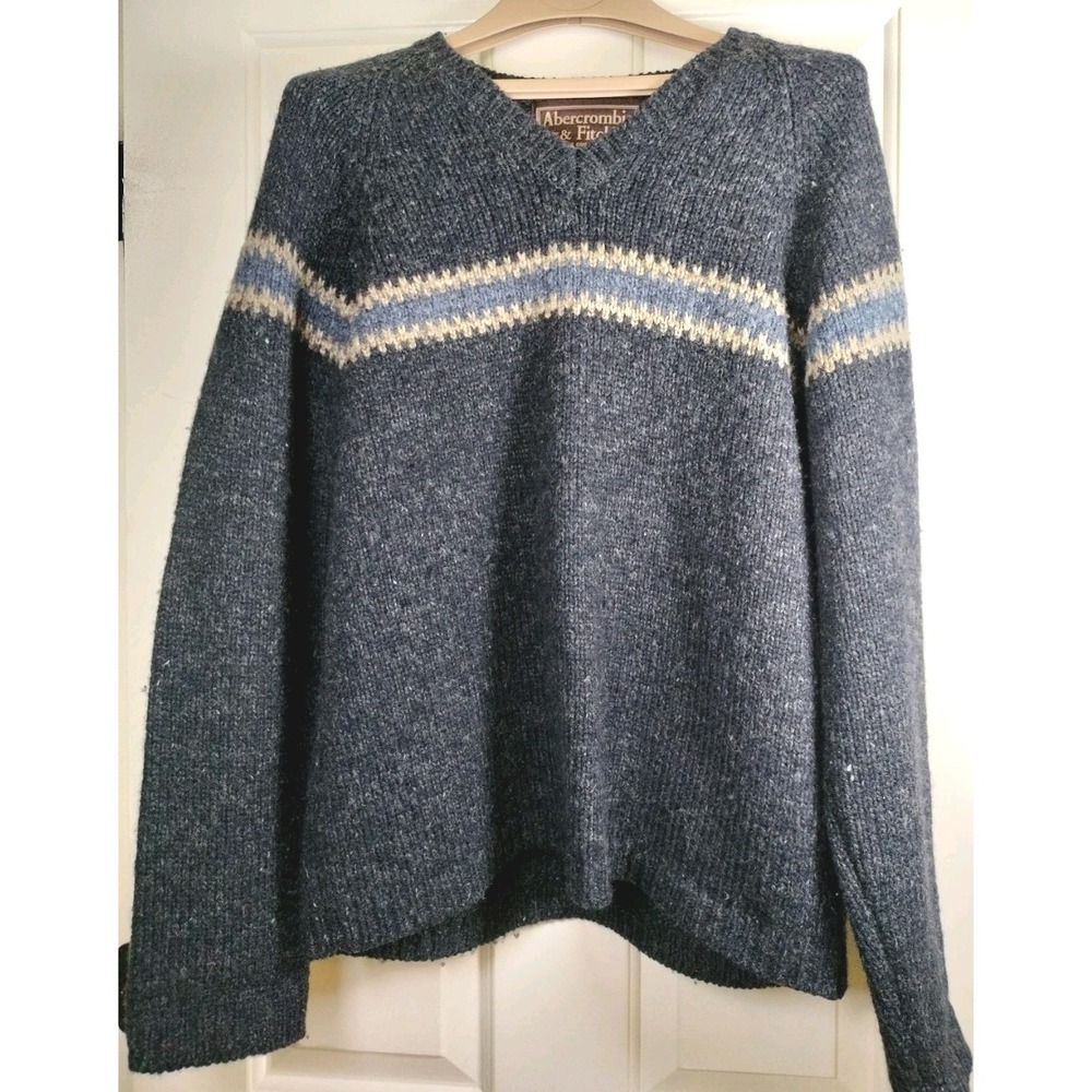 Abercrombie & Fitch Mens V-Neck Sweater Large Blue Wool Fair Isle Vintage Flaws